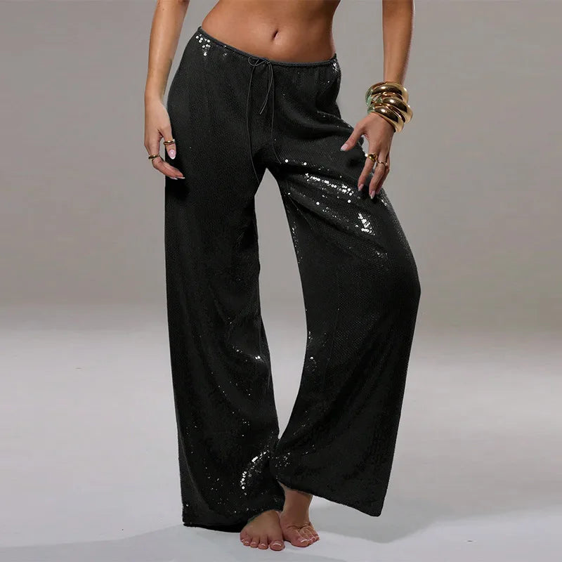 LIZAKOSHT  -  Chic Sequined Long Pants For Women High Waist  Lace Up Ankle-length Loose Trousers 2025 Spring Summer Fashion Female Y2k Pant