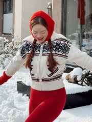 LIZAKOSHT  -  Winter Women's Knit Ski Striped Printed Sweater Slim Contrast Hlaf-zip Long Sleeve Skiwear Pullover Spring Lady Knitwear