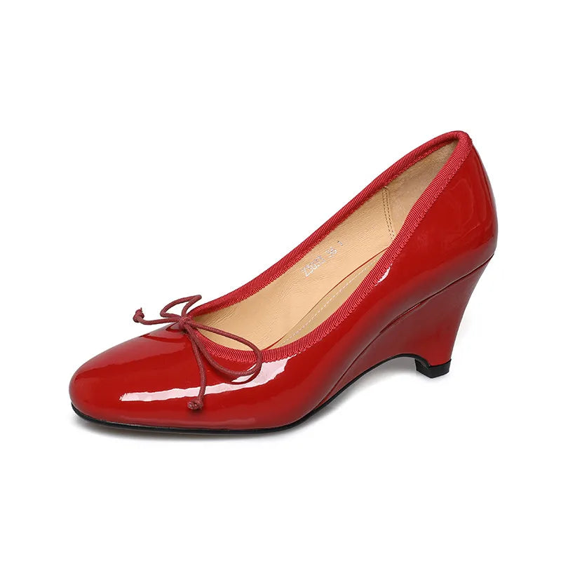 LIZAKOSHT  -  Fashion Pumps New High Quality Genuine Leather Shoes Butterfly Bow Round Head Slope Heels High Heels Women's Heels Shoes