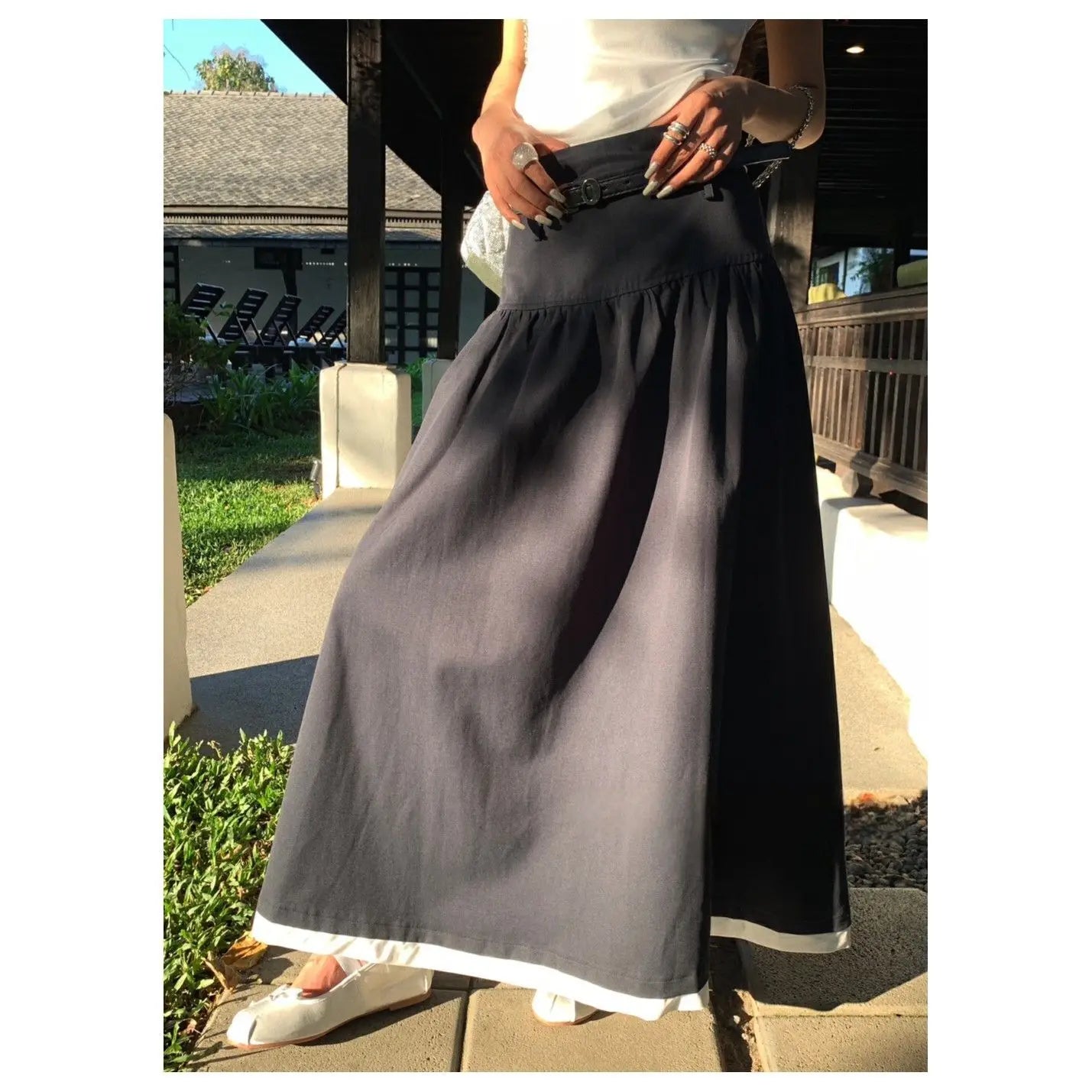 LIZAKOSHT  -  Design Sense Splicing Contrasting Color A-line Skirt Elegant High Waist Slimming Long Skirt