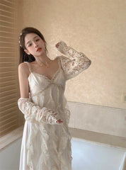 LIZAKOSHT -  Summer Pure Color Office Lady Sweet Lace Long Dress Beach Style Y2k Travel Dress Women Elegant One Piece Dress Korean