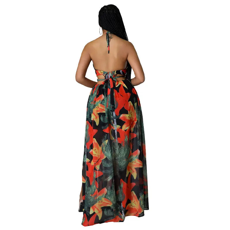 LIZAKOSHT  -  Women's Floral Print Chain Decor Split Thigh Tie Back Cami Dress, Summer Dresses, Casual Ring Linked Halter Backless Maxi Dress For Beach Holiday Vacation, Dresses for Women, Ladies Summer Clothes