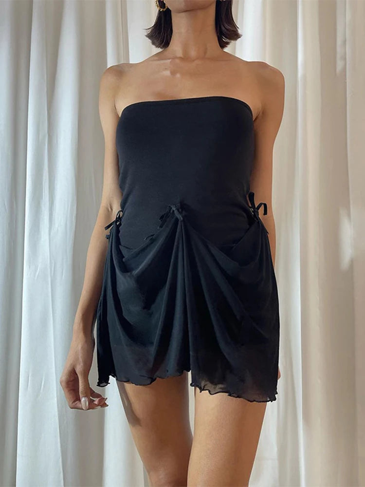 LIZAKOSHT  -  Sexy Strapless Women Bow Mini Dress Elegant Backless Sleeveless Solid A-line Dresses 2024 Summer Lady Beach Vacation Robes