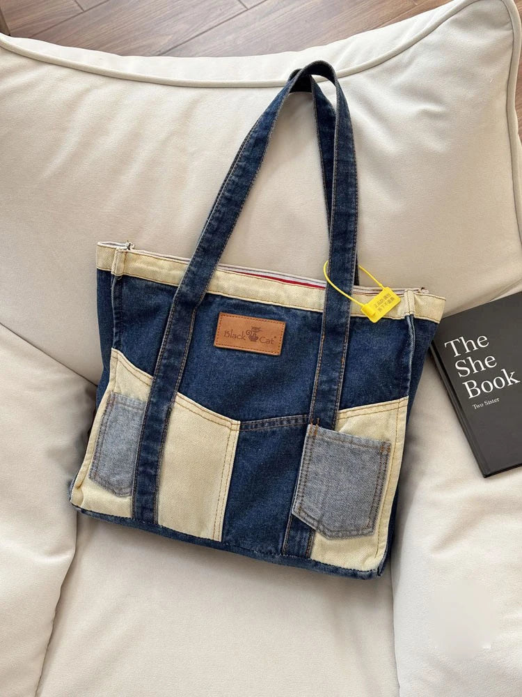 LIZAKOSHT  -  Women's Cowboy Shoulder Bag Shopping Bags Splicing Denim Handbag Fashion Simple Tote
