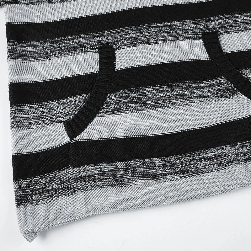 LIZAKOSHT  -  Aesthetic Striped Knitted Hooded Sweaterwith Pockets Autumn Casual Long Sleeve Pullovers Tops 90s Cyber Grunge Vintage Jumpers
