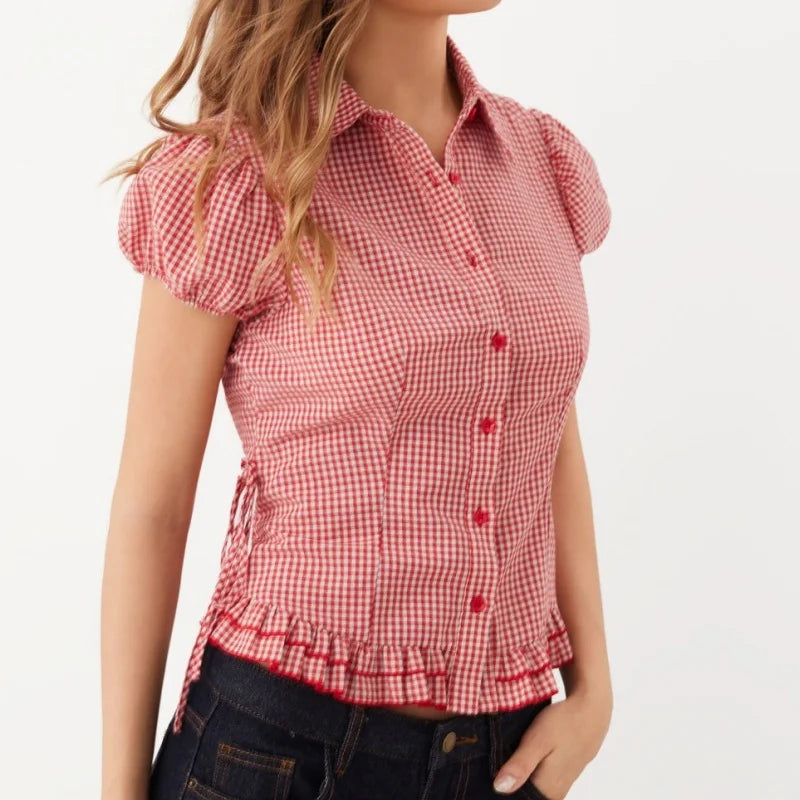 LIZAKOSHT  -  Cute Y2k Red Plaid T-shirt Blouse Woman Side Tie up Lapel Collar Short Cap Sleeve Slim Shirts Sweet Preppy Style Crop Tops