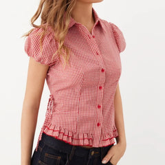 LIZAKOSHT  -  Cute Y2k Red Plaid T-shirt Blouse Woman Side Tie up Lapel Collar Short Cap Sleeve Slim Shirts Sweet Preppy Style Crop Tops