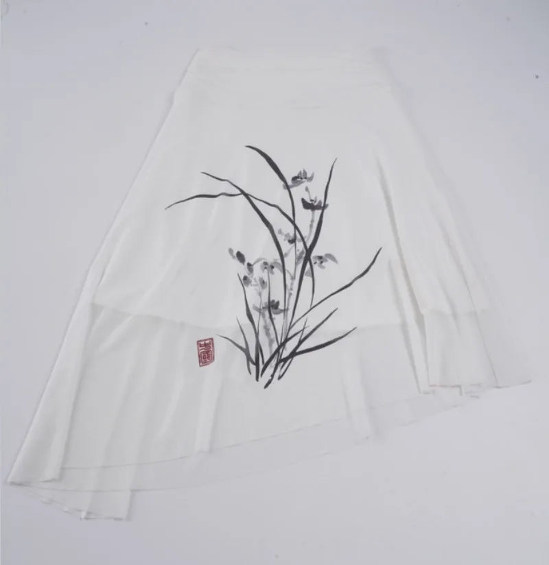 LIZAKOSHT  -  New Chinese Style Vintage Elegant Summer Mesh Skirts Y2k Temperament Flower Print Lrregular Design Women Jupe Pleated Lazy Skirt