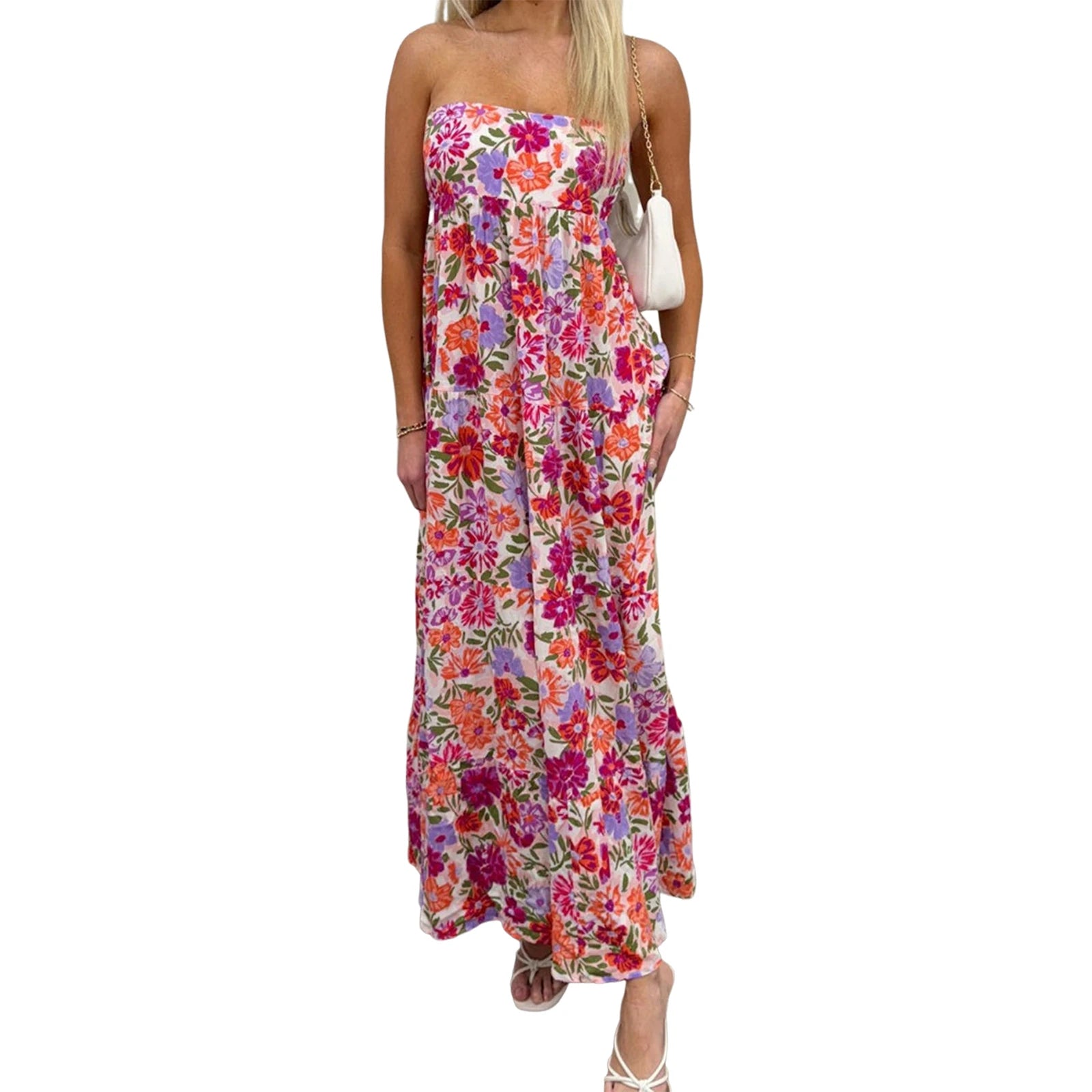 LIZAKOSHT  -  Elegant Off-Shoulder Maxi Dress with Boho Floral Print and Lace-Up Back Detail for Summer Wedding Party or Vacation Beachwear