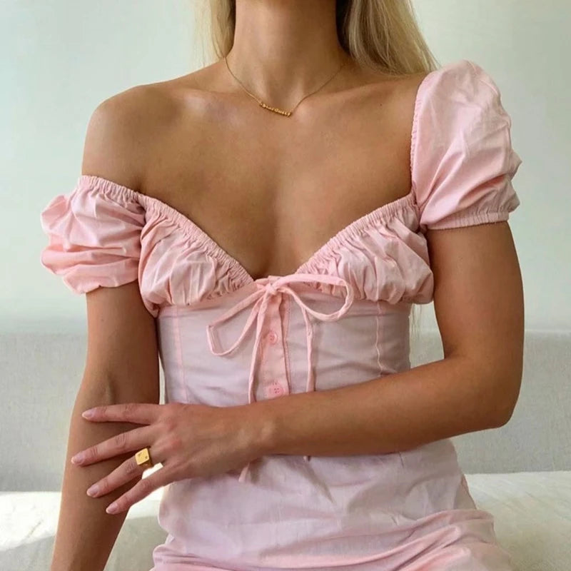 LIZAKOSHT  -  Summer dress women mini dress sexy casual korean dresses elegant  party dresses casual ruched puff sleeve dress pink