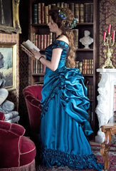 LIZAKOSHT  -  Teal Blue Vintage Victorian Bustle Evening Dresses Retro Off Shoulder Lace-up Corset Gothic Ruffles Pleats 1820S Prom Gown