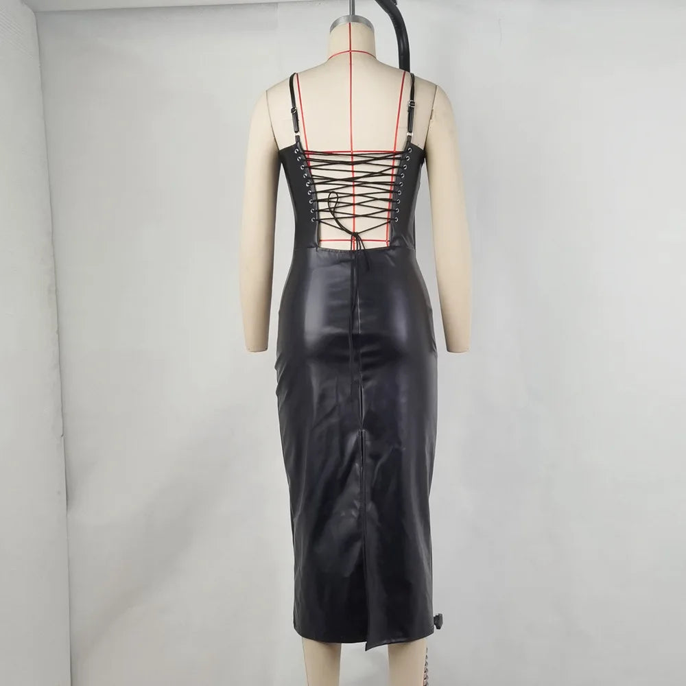 LIZAKOSHT  -  Solid Color Women Clothing Summer Fashion PU Sexy Open Back Lace-Up High Waist Wrap Hip Split Spaghetti Strap Dress