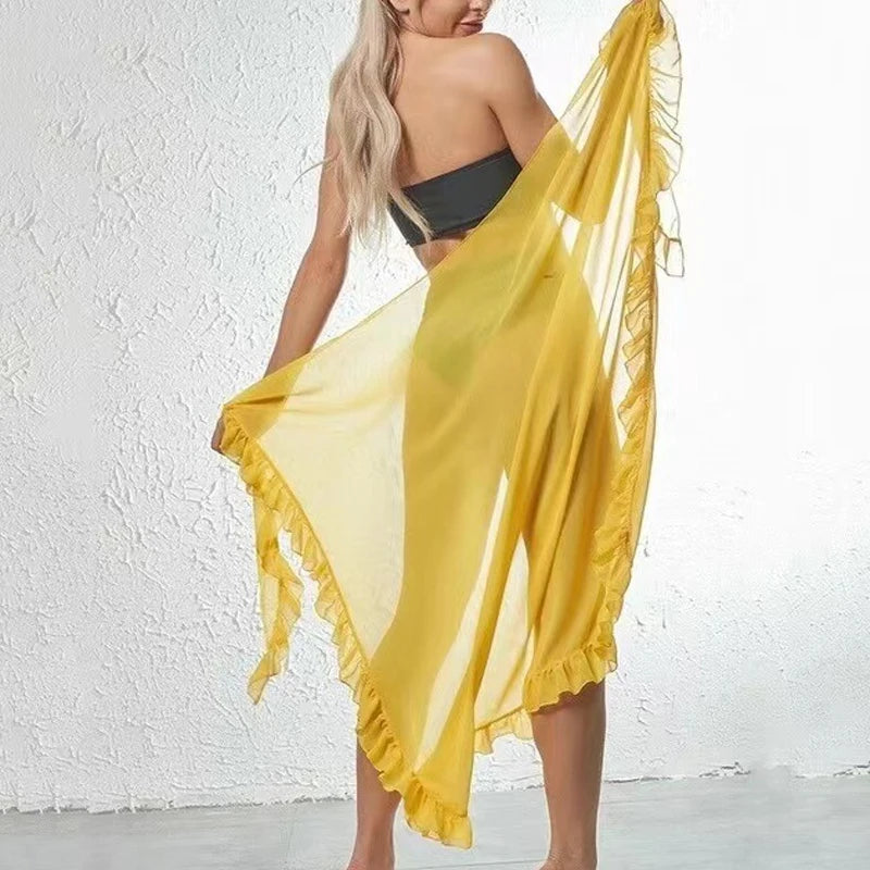 LIZAKOSHT  -  Sweet Ruffls Slit Beach Bikini Cover Up Sexy Transparent Chiffon One Piece Wrap Scarf Swimwear Solid Color All Match Long Skirts