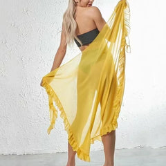 LIZAKOSHT  -  Sweet Ruffls Slit Beach Bikini Cover Up Sexy Transparent Chiffon One Piece Wrap Scarf Swimwear Solid Color All Match Long Skirts
