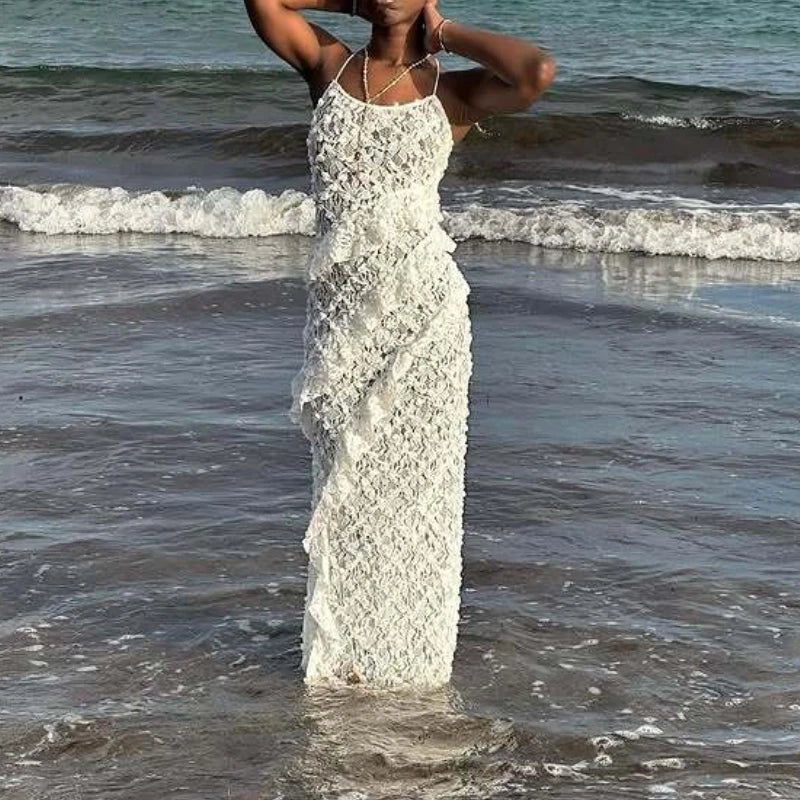 LIZAKOSHT  -  Design Sense Women's Popular Suspender Ruffle Dress, Backless Lace Sexy Hip Long Skirt