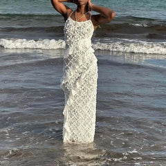 LIZAKOSHT  -  Design Sense Women's Popular Suspender Ruffle Dress, Backless Lace Sexy Hip Long Skirt