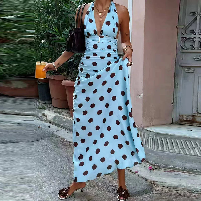 LIZAKOSHT  -  Elegant Polka Dot Backless Pleated Dress Temperament High Waist Sleeveless Dress Sexy Hanging Neck Off Shoulder Club Party Dress