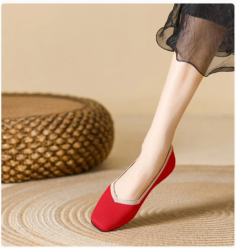 LIZAKOSHT  -  Women Spring Summer Comfort Fashion Knitting Fly Line Flat Shoes Luxury Shallow Mouth Square Toe Soft Sole Single Shoes