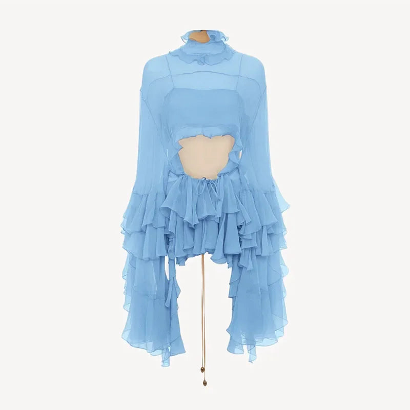 LIZAKOSHT  -  Casual Ruffle Turtleneck Shirt Skirt Women Set Solid Full Sleeve Hallow Out Top See Through Pleated Long Skirts 2025 Lady Suit