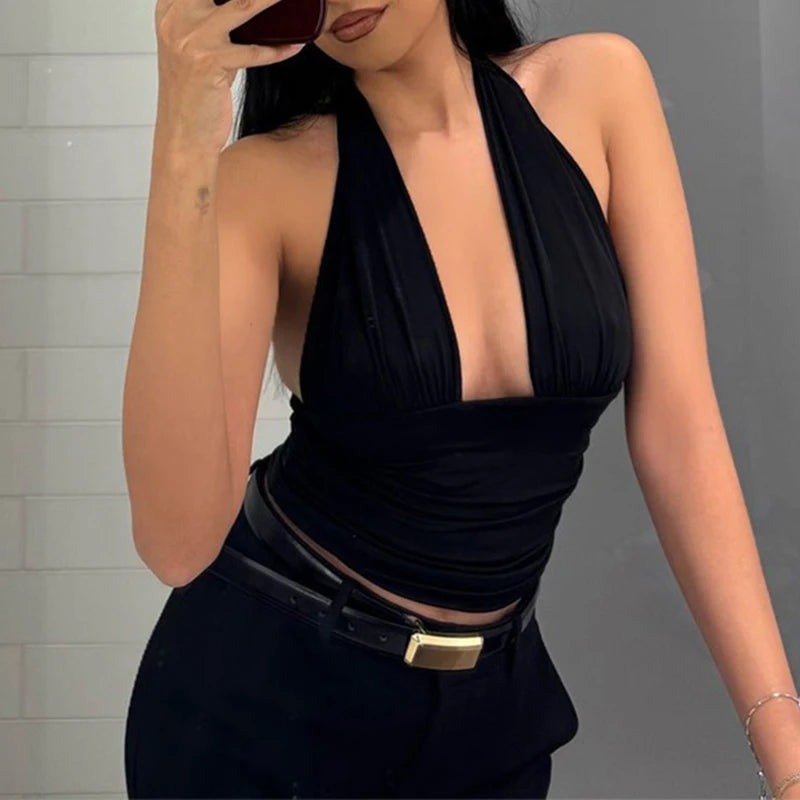 LIZAKOSHT  -  Summer Solid Color Halter Lacing Fashion Club Crop Top for Women Open Back Ruched Sleeveless Skinny Party Camisole Clothing