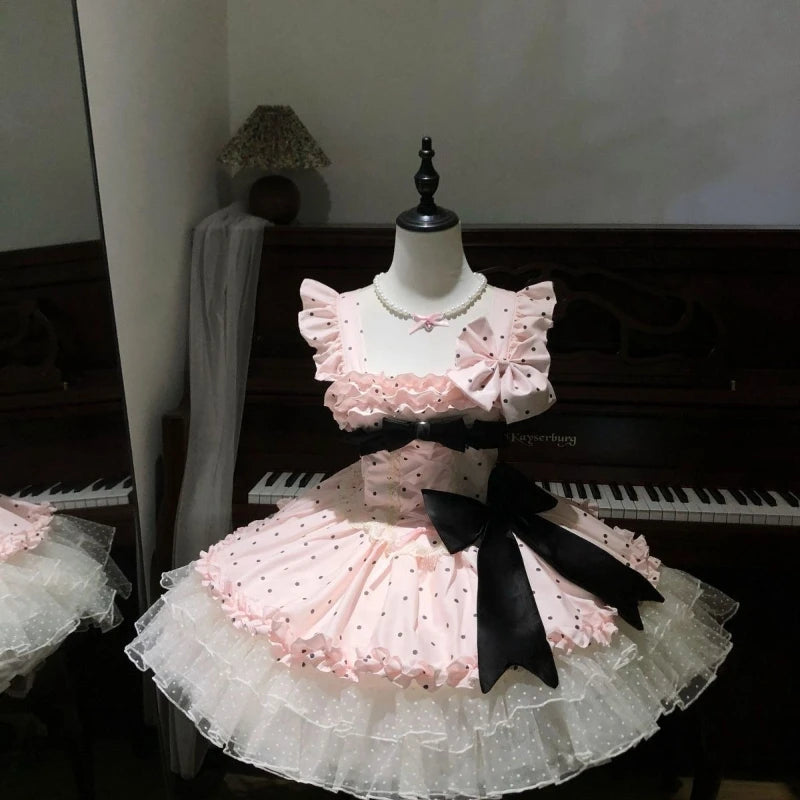 LIZAKOSHT  -  France Sweet Kawaii Lolita Dress Women's Designer Fashion Japanese Cute Thin Polka Dot Patchwork A-line Sling Dresses Clothing