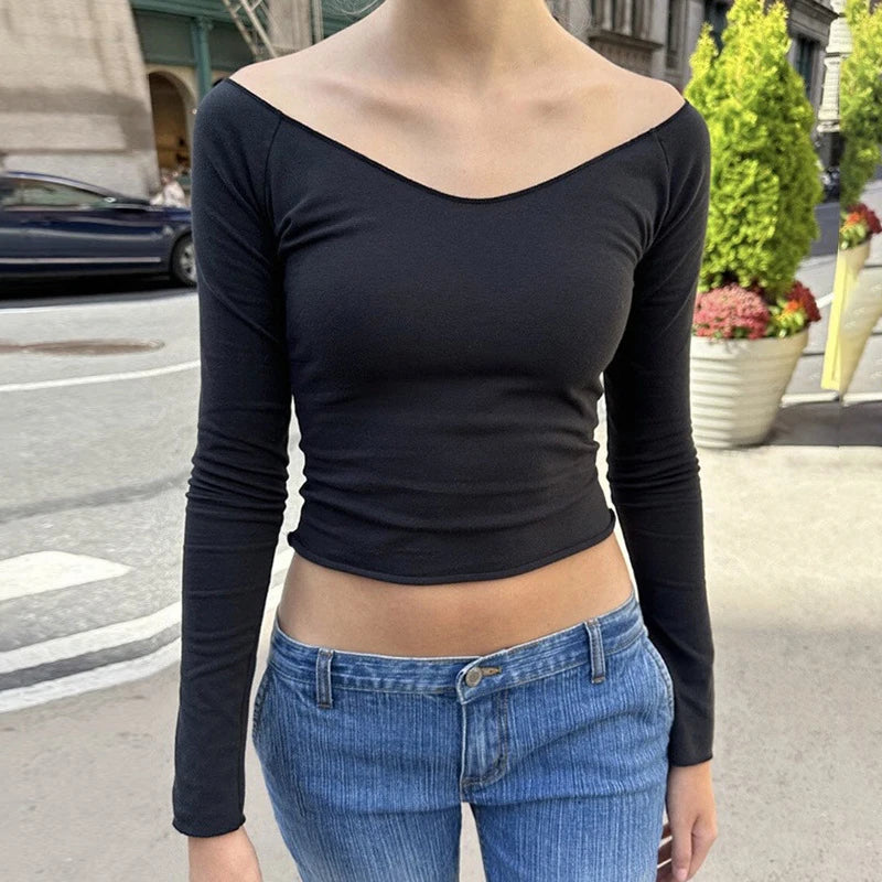 LIZAKOSHT  -  Off Shoulder Crop Tops Women Sexy Slash Neck Long Sleeve Slim T-shirt Casual Basic Y2k Clothing Autumn Black White Tees
