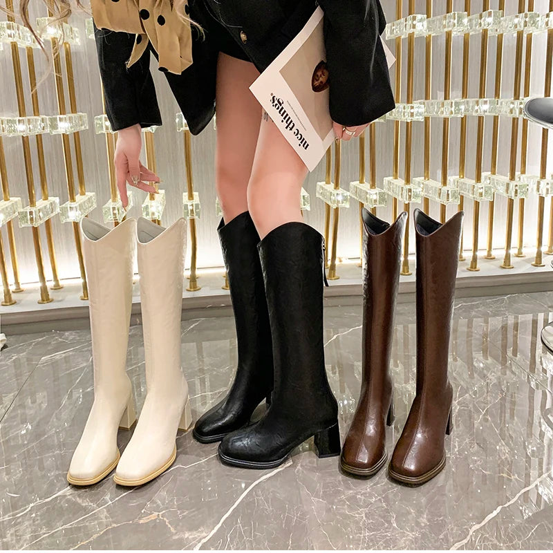 LIZAKOSHT  -  Autumn Winter Thick High Heels Women Knee High Boots Fashion Stretch Slim Modern Long Botas Para Mujer