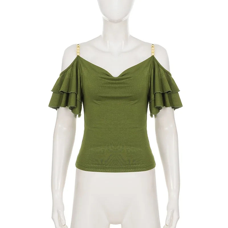 LIZAKOSHT  -  Vintage Vibe Beading Sling Off The Shoulder T Shirts Y2k Fashion Ruffle Short Sleeve Slim Women Clothes High Street Casual Tops
