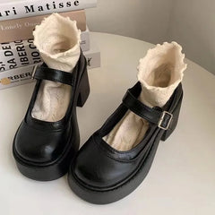 LIZAKOSHT  -  Bla Mary Jane Single oes for Women Thi Heel round Head Retro Japanese Sle Versatile Leather oes Roman Sle mid Heel
