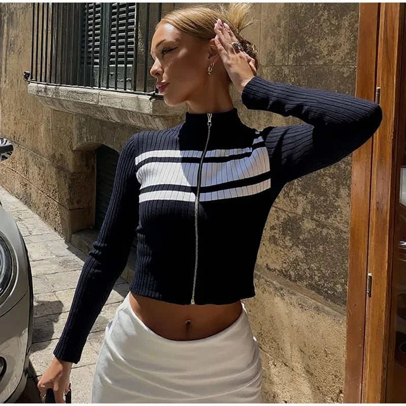 LIZAKOSHT  -  Casual Slim Contrast Knit Cardigan Women Chic Full Sleeve Stand Collar Zipper Short Sweaters Female 2026 Spring Lady Outwears