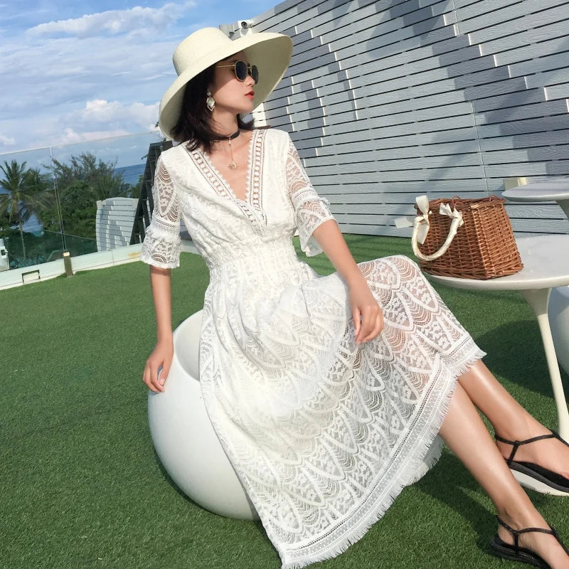 LIZAKOSHT  -  White Beach Dr Women's Summer New Orange Bellflower A-Line Midi Dr Sweet V-Ne ort Sve