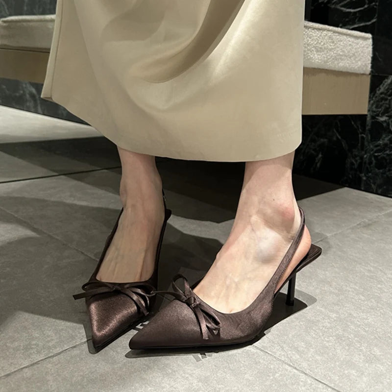 LIZAKOSHT  -  Women Thin Heels Slingback Sandals Elegant Pointed Toe Pumps New Brand Designer Bow Knot Party Dress Wedding Shoes Footwear