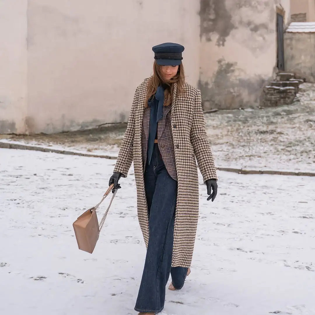 LIZAKOSHT  -  Double Breasted Plaid Pattern Woolen Overcoat Women Fashion Lapel Long Sleeve Loose Coats Lady Winter Daily Commute Coat
