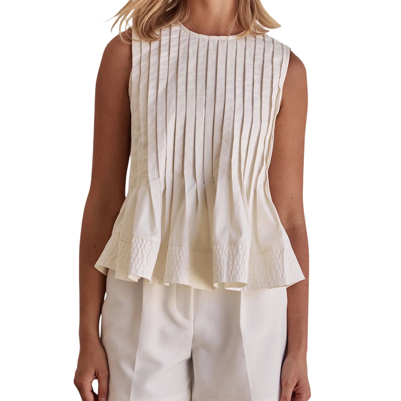 LIZAKOSHT  -  Women s Sleeveless Pleated Tank Top with Round Neck and Ruffled Hem - Solid Color Casual Summer Streetwear Shirt