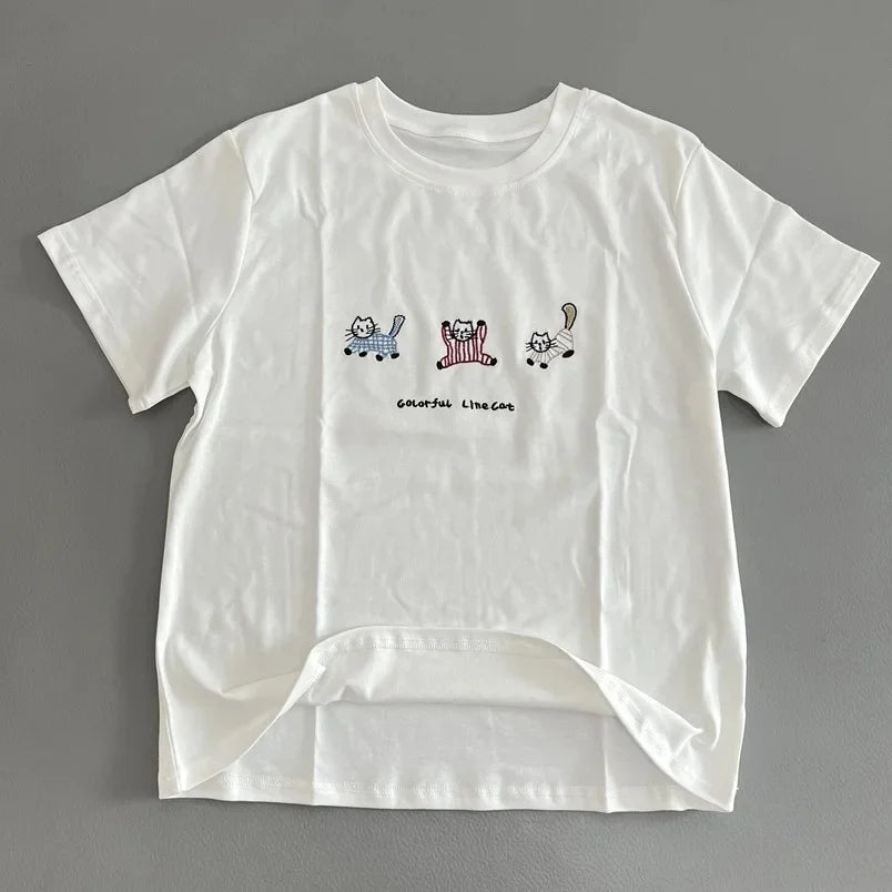 LIZAKOSHT  -  Korean Style Cat Embroidery Short Sleeve Crew Neck T-Shirt Casual Summer New White Women's Top Fashionable Girl's Clothing
