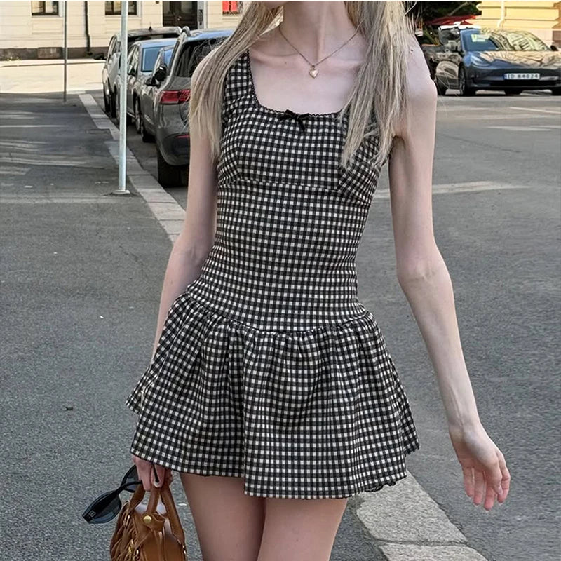 LIZAKOSHT  -  Women Plaid Printed Square Collar Sleeveless High Waisted Bow Patchwork Backless Simple Style Cute Sling Pleated Tank Dress