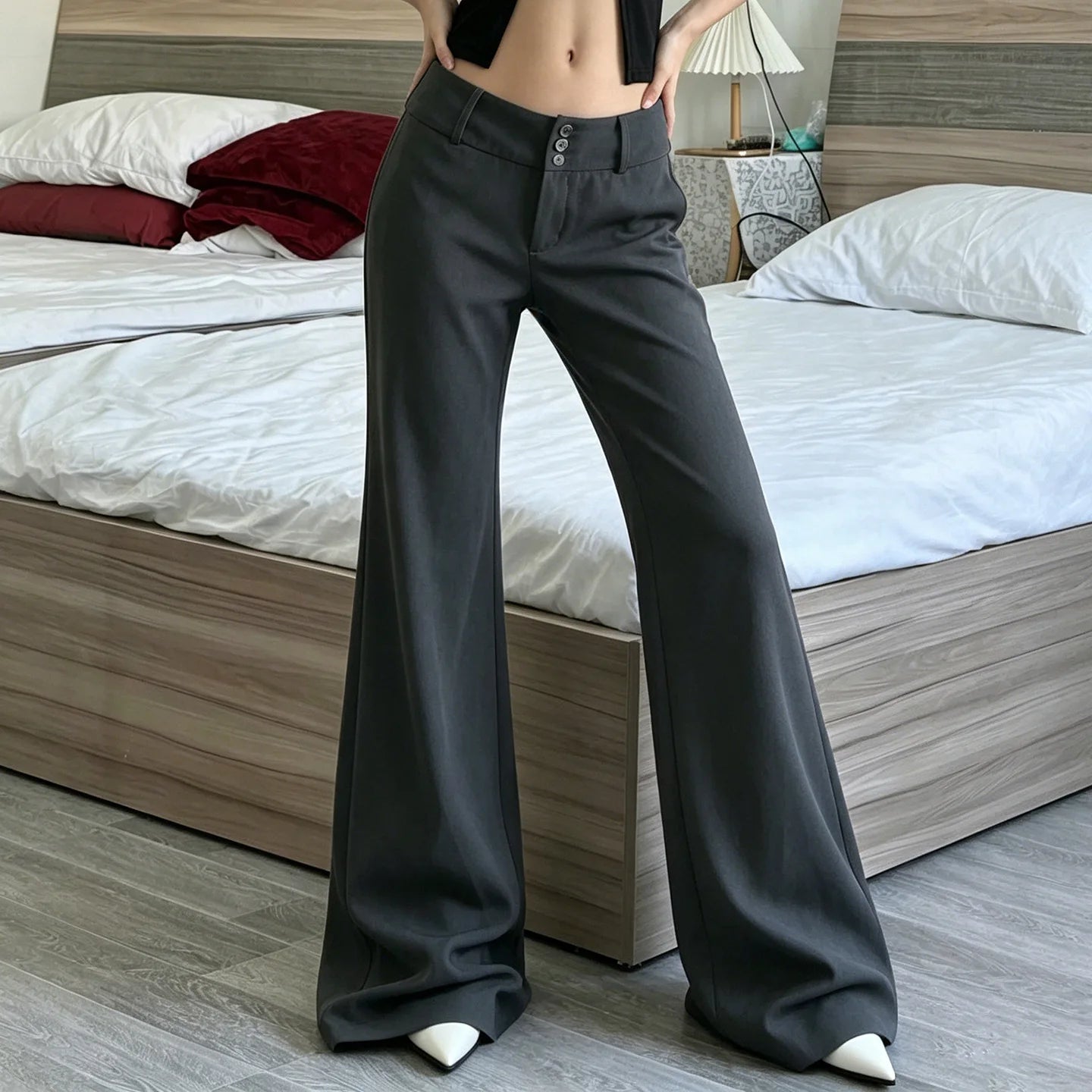 LIZAKOSHT  -  Y2K American Old Money Three Button Low Waist Slimming Slightly Flared Suit Pants Women Low Waist Loose Floor Hugging Wide Leg