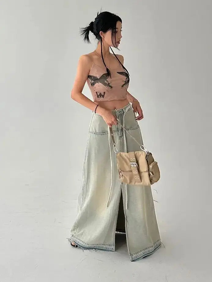 LIZAKOSHT  -  Denim Long Skirts Slit Lace Up High Waist Women Vintage Elegant Sexy Summer Streetwear Classic Y2k Girls Fashion European Style