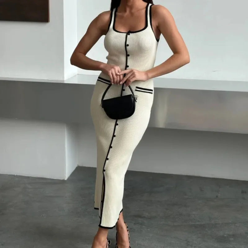 LIZAKOSHT  -  Fashion Patchwork Long Dress Women Square Collar Sleeveless Single Breasted Split Robe 2025 Summer Elegant Female Party Dresses