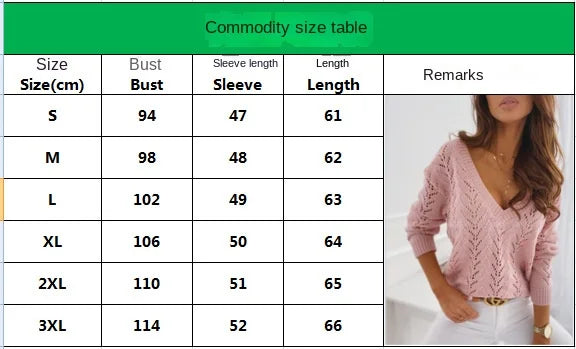 LIZAKOSHT  -  Women's Solid Color Hollow V-neck Knitted Sweater Pullover Top