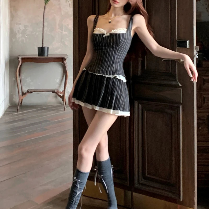 LIZAKOSHT  -  Summer New Korean Contrast Color Lace Patchwork Stripes Sexy Camisole Women + Casual Pleated A-line Skirt Two-piece Suit