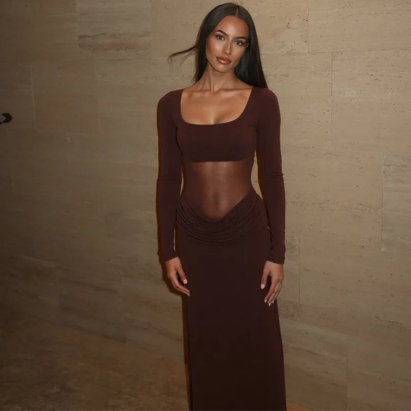 LIZAKOSHT  -  2025 Autumn Mesh Patchwork Ruched Long Dress Women's Elegant Long Sleeve Slim Evening Dresses Party Prom Gown Streetwear