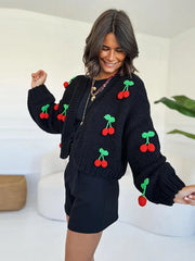 LIZAKOSHT  -  3D Cherry Knit Cardigan Women V Neck Long Sleeves Sweater Coats Female 2025 Autumn Winter Chic Fashion Solid Knitwears Lady
