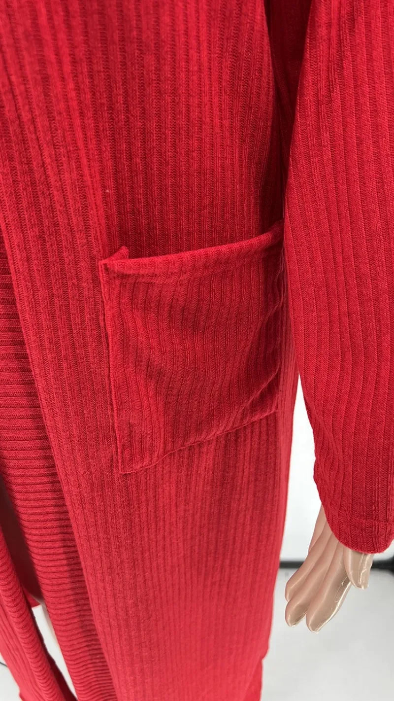 LIZAKOSHT  -  Women Solid Ribbed Knitted Long Cardigans Fashion Long Sleeve Open Stitch Pockets Loose Casual Streetwear Coats Sweaters Jackets