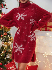LIZAKOSHT  -  Autumn and winter Christmas theme white snowflake design in the long temperament casual loose knit woolen dress