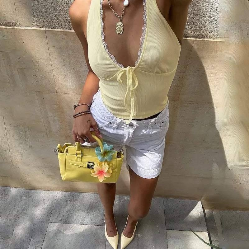 LIZAKOSHT  -  Woman Clothes Deep V-neck Yellow Tank Tops Sexy Sleeveless Lace Patchwork T-shirt Girls Y2K Corset Top Streetwear