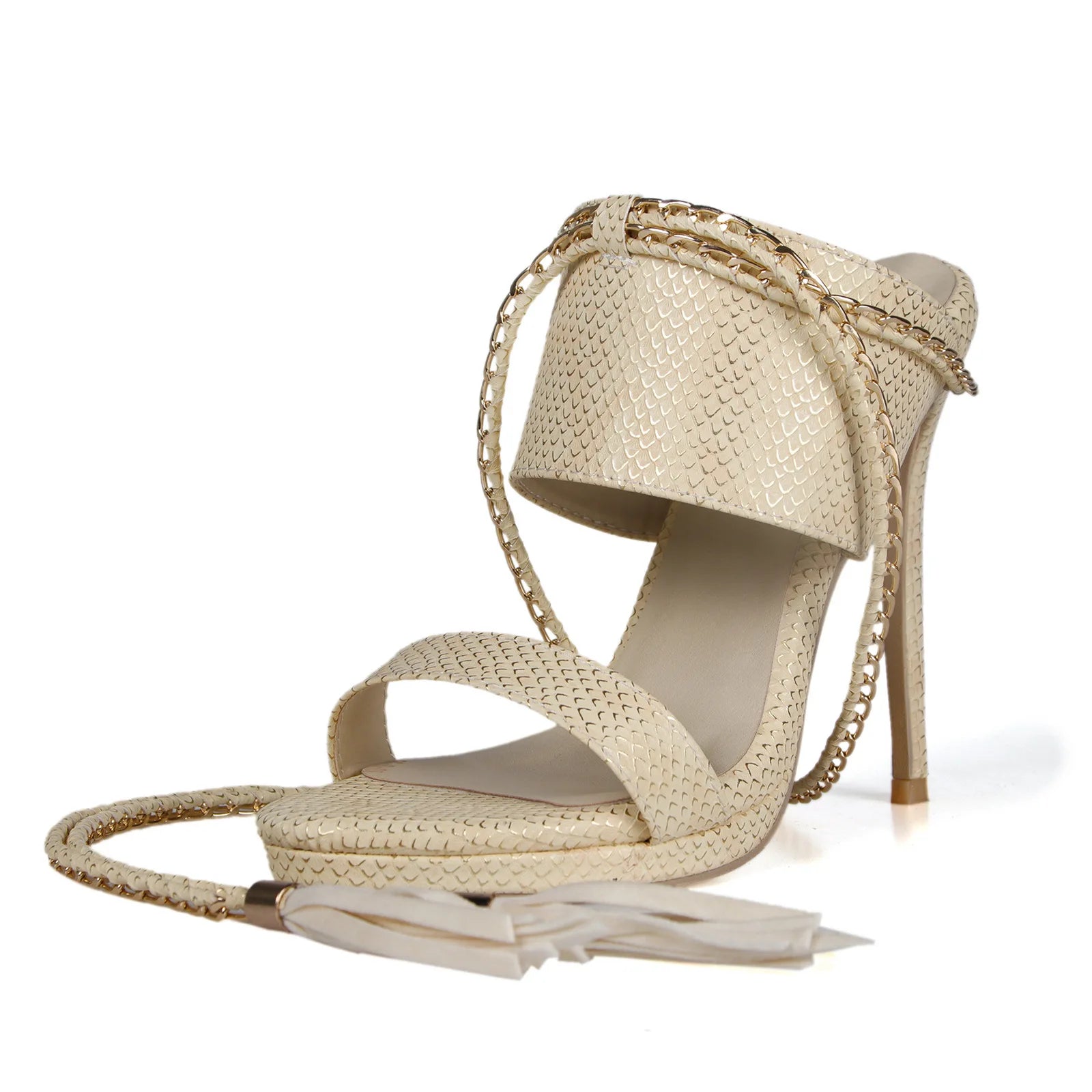 LIZAKOSHT  -  13.5cm Chain Strap Ankle Fine Strap Tassel Back Empty High Fine Heel Sandals Women's Size Platform Sandals Women shoes