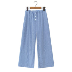 LIZAKOSHT  -  CHIC Blue White Stripes Cotton Wide leg Pants Women Elastic Waist Loose Casual Floor Length Trousers Pants Pink