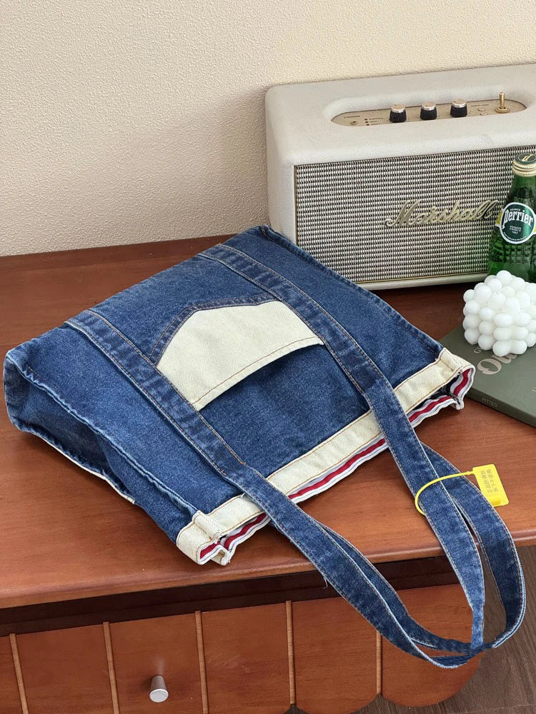 LIZAKOSHT  -  Women's Cowboy Shoulder Bag Shopping Bags Splicing Denim Handbag Fashion Simple Tote