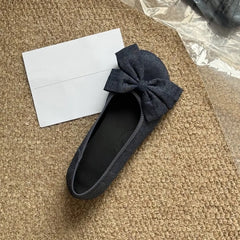 LIZAKOSHT  -   Women's Denim Bow Ballet Flats Round Toe Slip on Flat Shoes Casual Daily Korean Fashion Soft Sole Walking Shoes Zapatos De Mujer